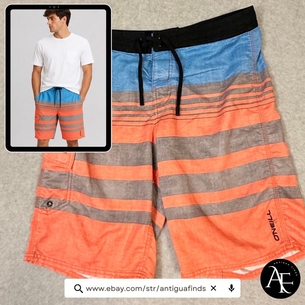 ONeill Mens Board Shorts Size 32 Blue Orange Striped Swim Trunks Cargo Pocket